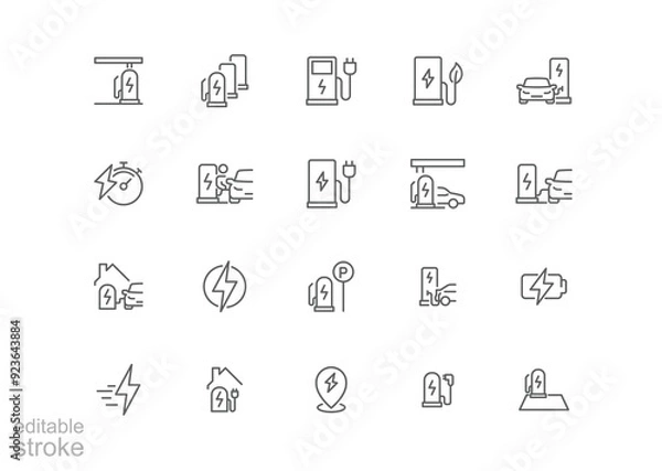 Obraz Car charging station icon set. Simple outline style. EV, electric socket station, car plugged to charge, battery, technology concept. Thin line symbol. Vector illustration isolated. Editable stroke.
