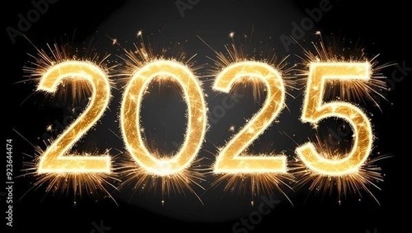 Fototapeta Golden Sparkling 2025 with Fireworks on Black Background
