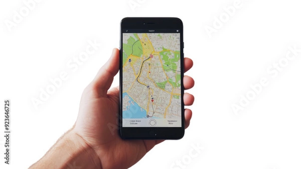 Fototapeta Hand with mobile phone with gps map transparent background