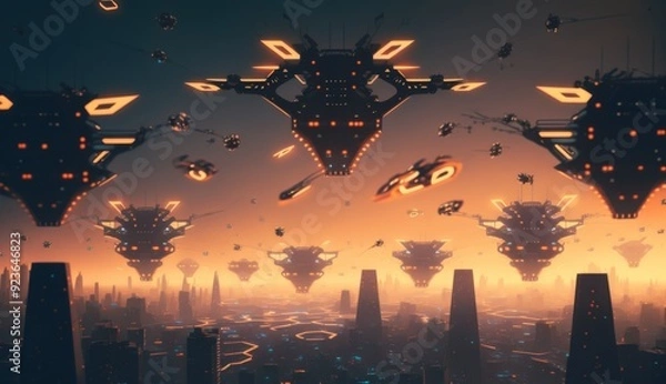 Fototapeta Drone Swarm: Aerial Choreography Illuminates Smart City
