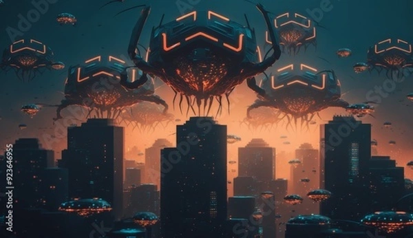 Fototapeta Drone Swarm: Aerial Choreography Illuminates Smart City