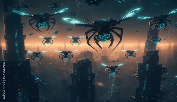 Fototapeta Drone Swarm: Aerial Choreography Illuminates Smart City