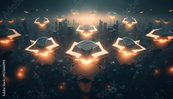 Fototapeta Drone Swarm: Aerial Choreography Illuminates Smart City