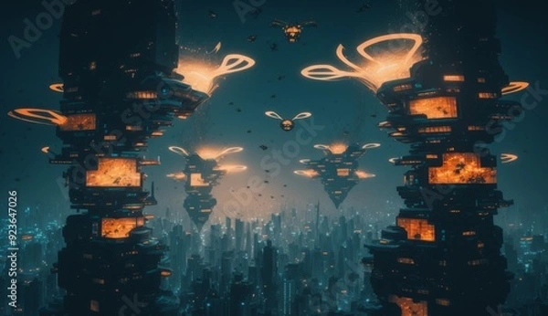 Fototapeta Drone Swarm: Aerial Choreography Illuminates Smart City