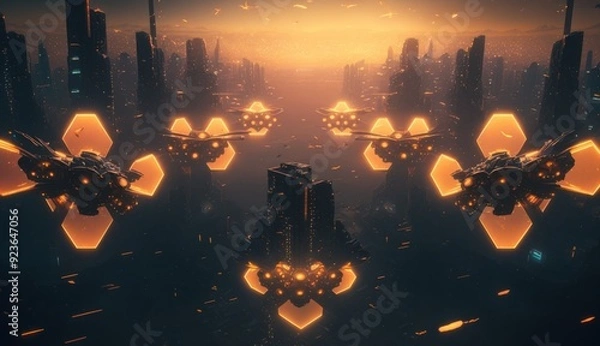 Fototapeta Drone Swarm: Aerial Choreography Illuminates Smart City