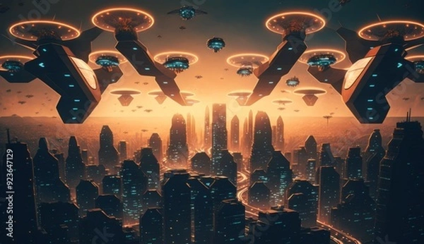 Fototapeta Drone Swarm: Aerial Choreography Illuminates Smart City