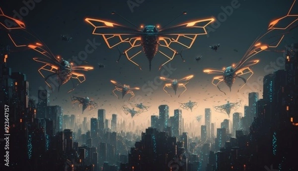Fototapeta Drone Swarm: Aerial Choreography Illuminates Smart City