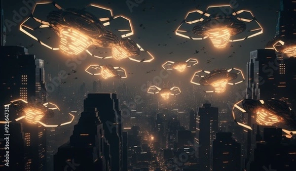 Fototapeta Drone Swarm: Aerial Choreography Illuminates Smart City