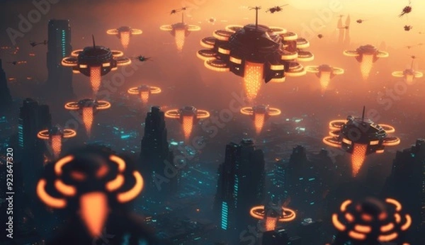 Fototapeta Drone Swarm: Aerial Choreography Illuminates Smart City