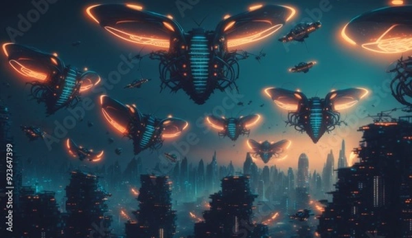 Fototapeta Drone Swarm: Aerial Choreography Illuminates Smart City