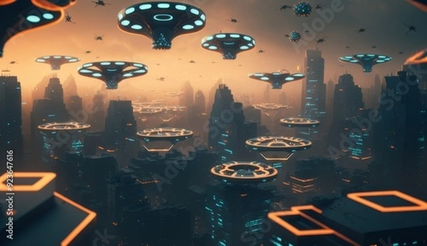 Fototapeta Drone Swarm: Aerial Choreography Illuminates Smart City