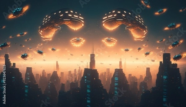 Fototapeta Drone Swarm: Aerial Choreography Illuminates Smart City