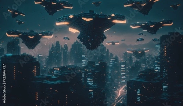 Fototapeta Drone Swarm: Aerial Choreography Illuminates Smart City