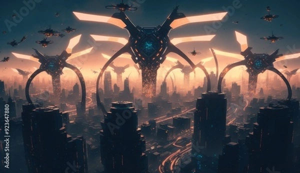 Fototapeta Drone Swarm: Aerial Choreography Illuminates Smart City
