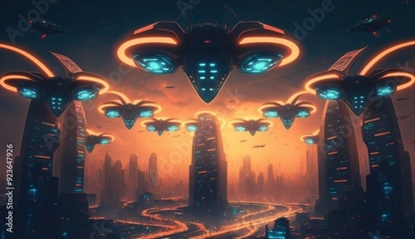 Fototapeta Drone Swarm: Aerial Choreography Illuminates Smart City