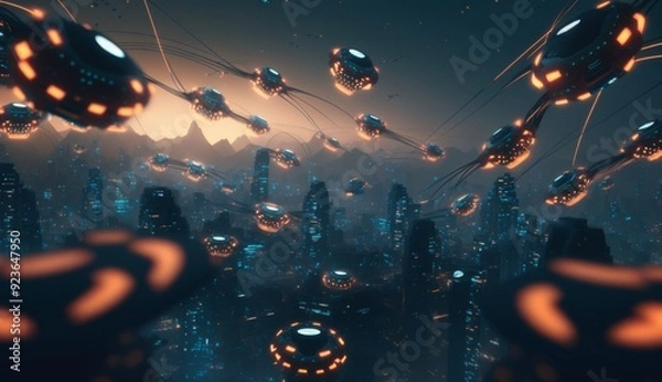 Fototapeta Drone Swarm: Aerial Choreography Illuminates Smart City