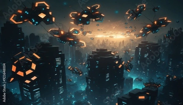 Fototapeta Drone Swarm: Aerial Choreography Illuminates Smart City