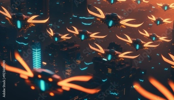 Fototapeta Drone Swarm: Aerial Choreography Illuminates Smart City