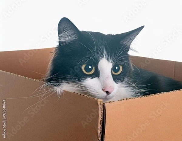 Obraz ダンボール箱の中に入る白黒のハチワレ猫