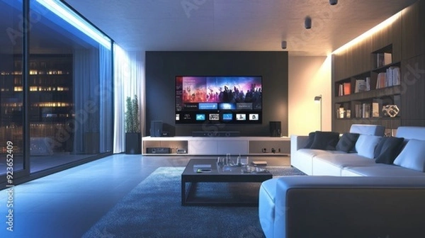 Fototapeta Futuristic Smart Home: High-Tech Living Room with Smart TV Streaming Movie, Minimalist Furniture, and Modern Gadgets