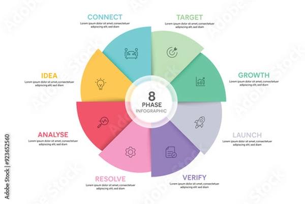 Obraz Pie Chart Glassmorphism Infographic Template With 8 Options, Steps, Parts, Segments. Vector Illustration For Business Financial Report.