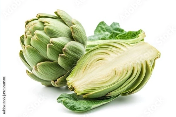 Fototapeta Fresh green artichokes are shown with the inner leaves cut away. The vibrant green color is ideal for health food concepts. Perfect for culinary uses. Generative AI