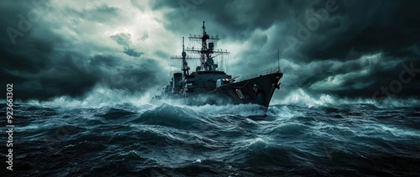 Fototapeta A dramatic image showcasing a naval ship braving the intense, rough waters of the ocean under dark, stormy skies, symbolizing strength, resilience, and courage.