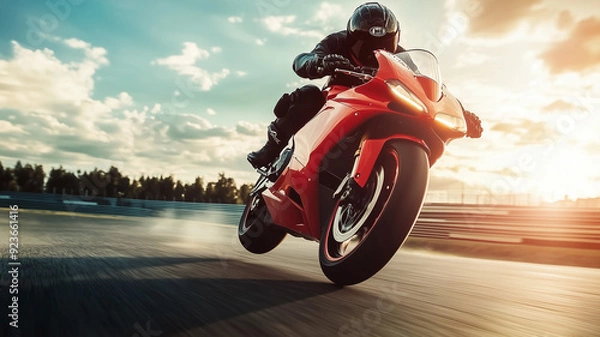 Fototapeta A superbike in mid-air during a jump on a circuit track, with the rider's determination and the power of the bike evident. Ai generated