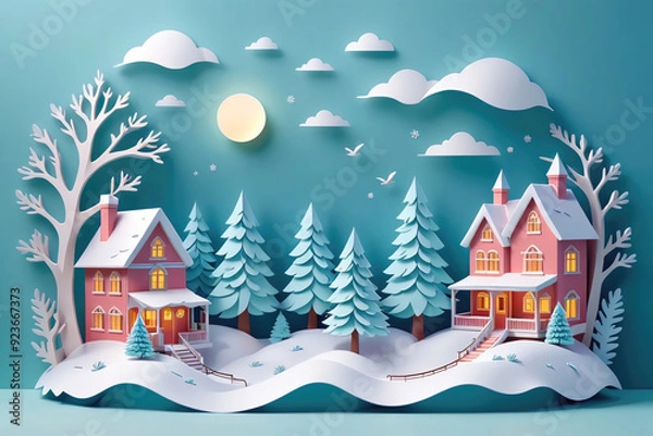 Fototapeta Winter Wonderland With Snowy Houses, Pine Trees, and Moonlit Sky at Dusk