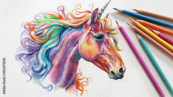Fototapeta A detailed drawing of a unicorn's head with a rainbow mane