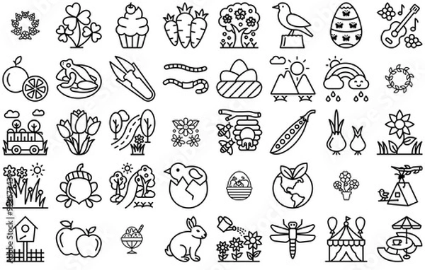 Fototapeta Set Of Linear Spring Season Outline Stroke Icons Web Header Banner Design Containing Food,Garden,Nature,Flower,Spring Stroke Icon Collection. Vector Illustration