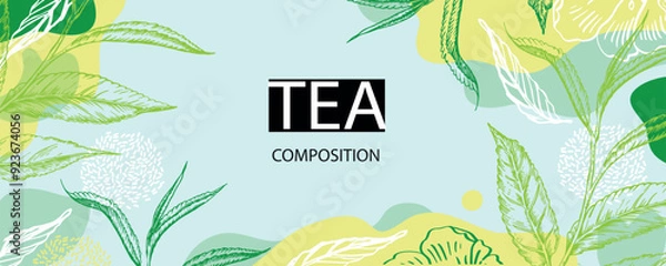 Obraz Green banner for tea design. Tea shop. A cup drawn in one line. Horizontal background.