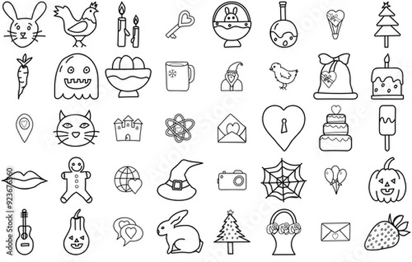 Fototapeta Set Of Set Of Easter Halloween And Christmas Line Vector Isolated Silhouette Solid Icons With Love-Message,Easter-Egg,Sms,Decorative-Egg,Egg-Design Vector Icons Illustration Collection