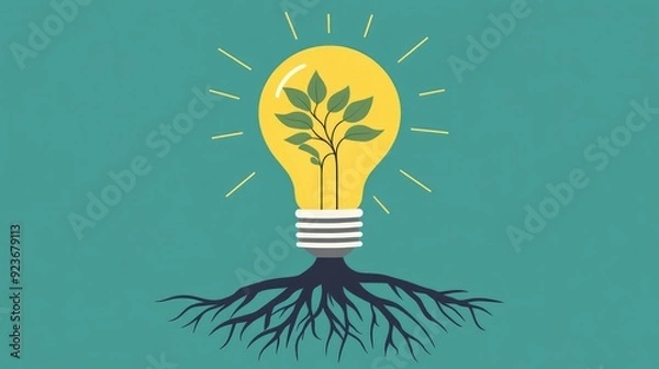 Fototapeta Bright light bulb with roots, ideas taking root and growing, flat design illustration