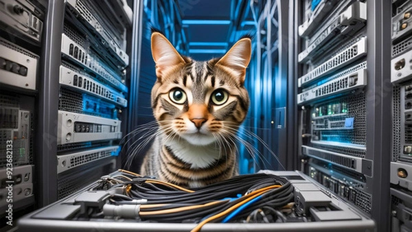 Fototapeta A cat working in a server room, equipment in the background