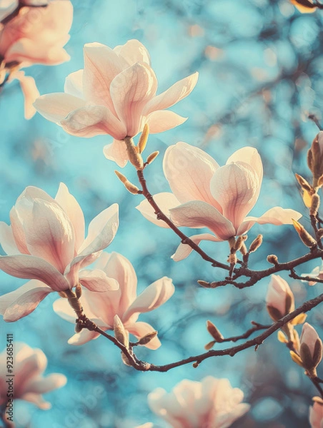 Fototapeta A detailed and vibrant capture of magnolia flowers blooming on branches against a soft and blurred background, showcasing their delicate beauty and spring essence.