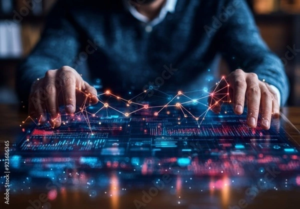 Obraz businessman using AR to visualize real-time data on a digital workspace, with connection lines linking different data points