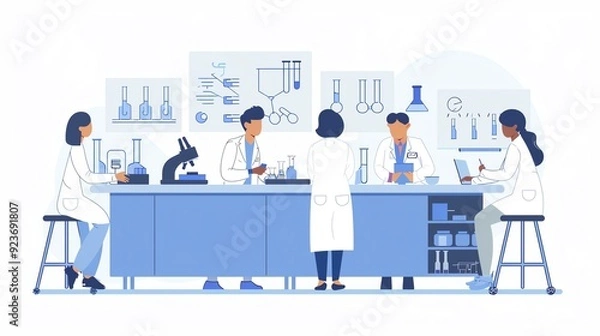 Fototapeta Clinical trial process, patients and researchers, flat design illustration