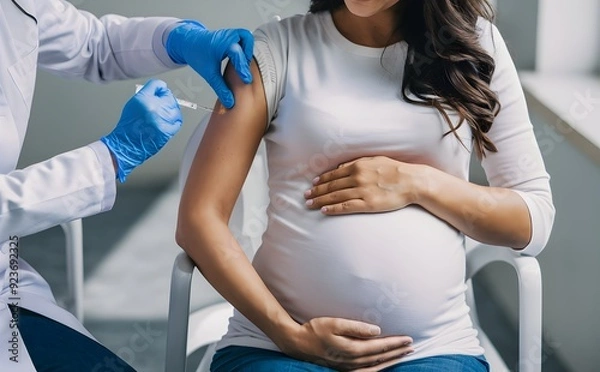 Fototapeta Pregnant woman in white top with visible belly, clinic setting, vaccine administered.