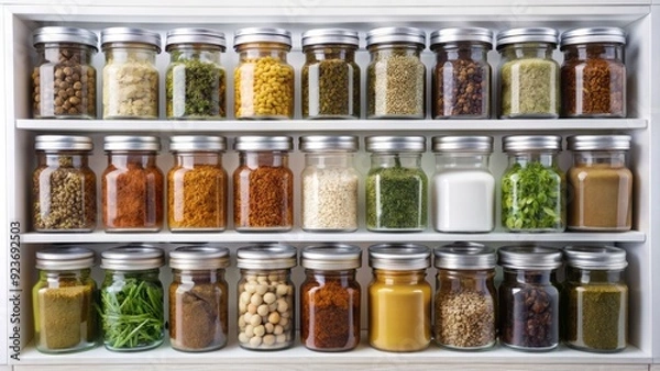Obraz Organized kitchen spice drawer filled with neatly arranged jars of herbs and spices, with labels facing forward, against a clean white background.