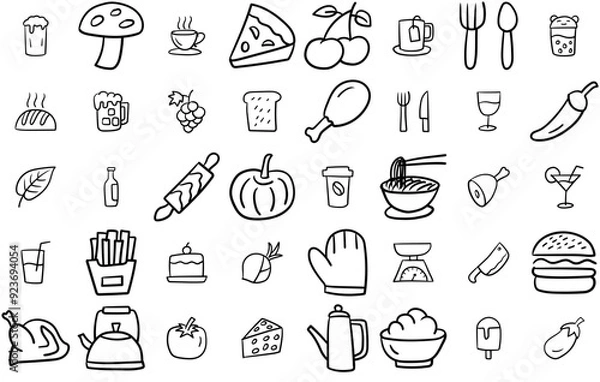 Fototapeta Mega Set Of Vector Hand Drawn Restaurant Elements Isolated Silhouette Solid Icons With Drink,Bar,Food,Hand-Drawn,Water Stroke Icon Collection. Vector Illustration