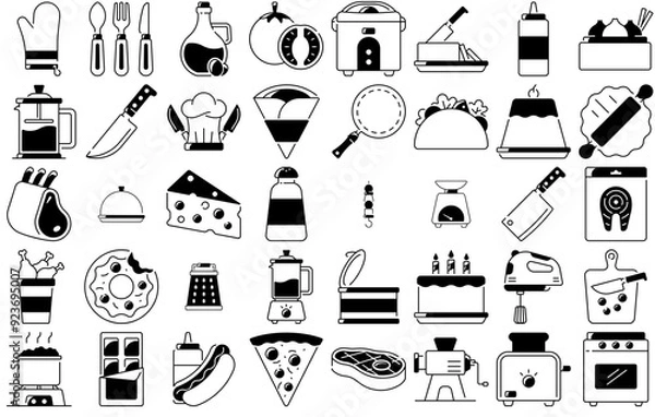 Fototapeta A Collection Of Gastronomy Icons Web Header Banner Design Containing Dessert,Dairy,Knife,Mixer,Kitchenware Stroke Icon Collection. Vector Illustration