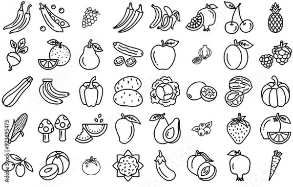 Fototapeta A Collection Of Fruits Vegetables Icons Collection Isolated Silhouette Solid Icons Including Healthy,Berry,Vegetable,Food,Fruit Infographic Simple Vector Illustration Logo