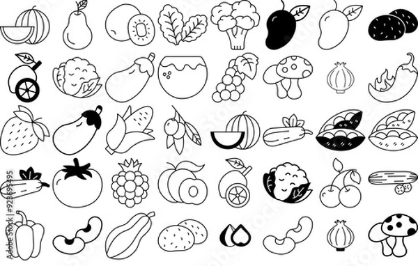 Fototapeta Set Of Linear Fruit And Vegetables Icons Web Header Banner Design Containing Vitamin,Vegetable,Fruit,Food,Health Set Vector Flat Line Icons