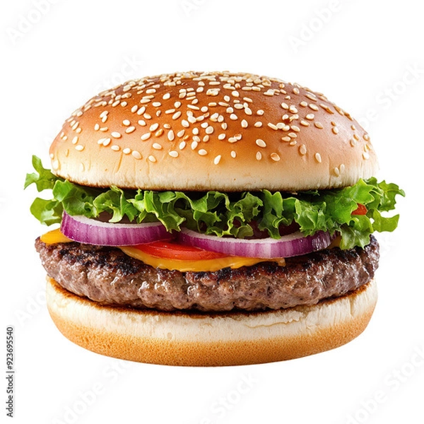Obraz Juicy hamburger featuring sesame seed bun, fresh lettuce, onions, tomatoes, and a flavorful beef patty. isolated on a white background.