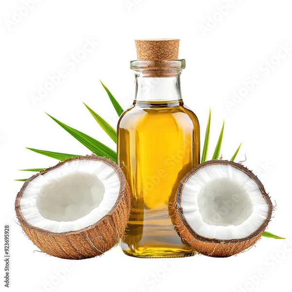 Obraz A bottle of organic coconut oil surrounded by fresh coconut halves and green palm leaves isolated on a white background.