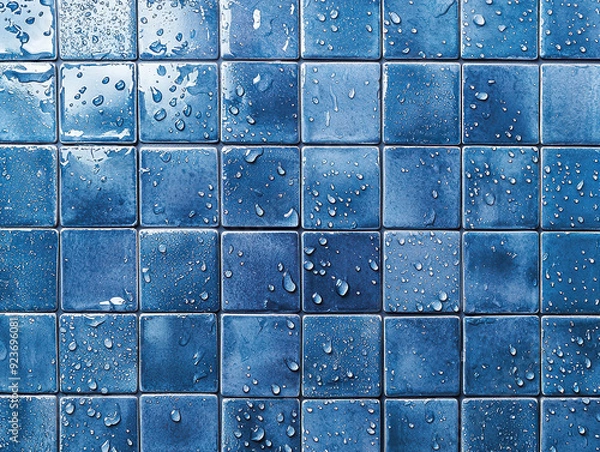 Fototapeta This image showcases blue tiles covered in water droplets, providing a detailed view of the wet and shiny surface, perfect for themes of cleanliness and freshness in bathrooms.