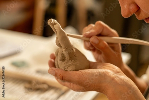 Fototapeta Wooden Tool Refining Clay Sculpture in Pottery Workshop