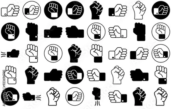 Fototapeta Set Of Fists Isolated Silhouette Solid Icons With Strong,Hand,Power,Pump,Fist Vector Icons Illustration Collection