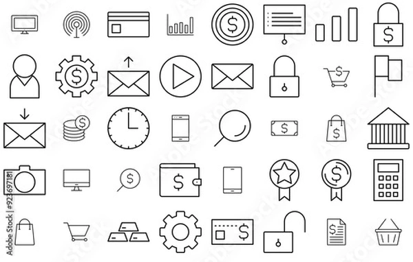 Fototapeta A Collection Of Finance And Marketing Line Icon Icons Collection Isolated Silhouette Solid Icons Including Shopping,Internet,Buy,Payment,Business Solid Icon Collection. Vector Illustration